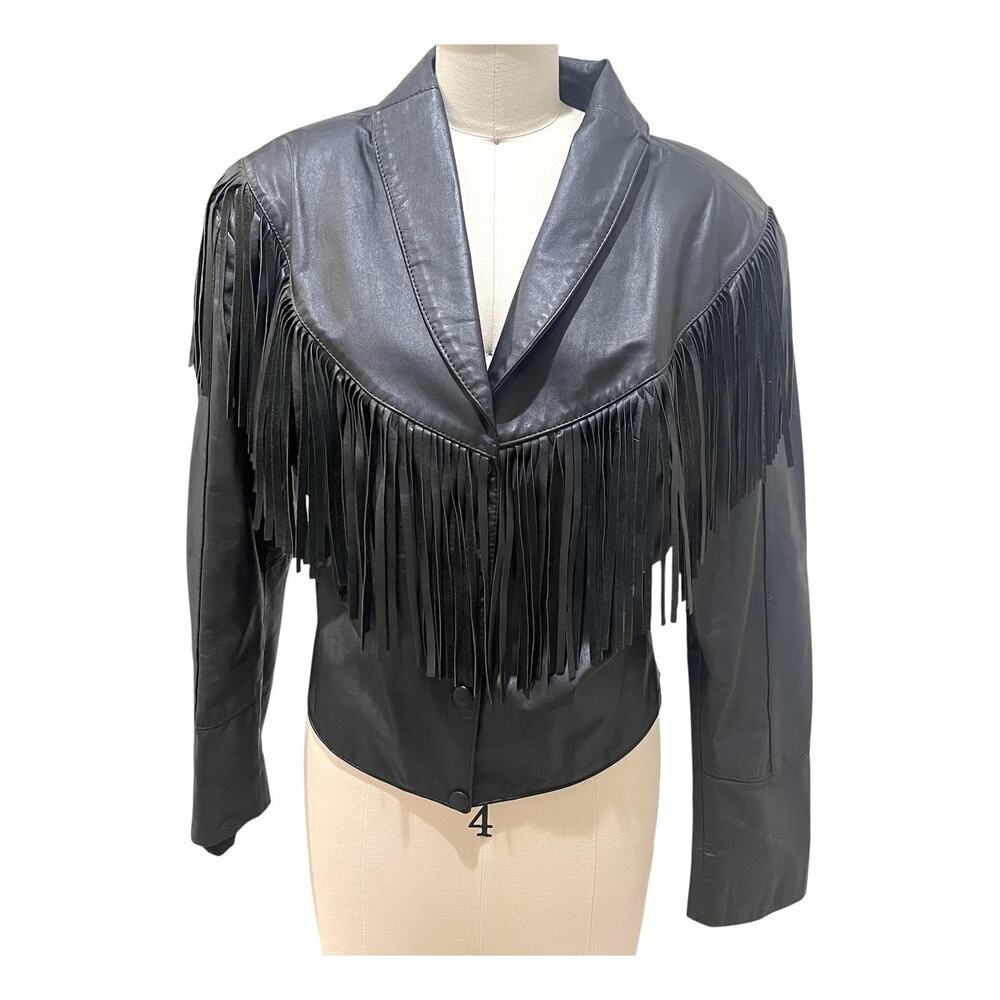 Vintage Genuine Leather Jacket Womens Large Black Fringe Western